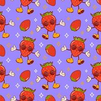 Hello summer. Cool strawberry in sunglasses, a cute retro cartoon character. Groovy, vintage. Trendy old style. Seamless pattern for wallpaper, fabric, wrapping, background. vector