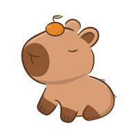 Cute capybara with a tangerine on her head in Asian kawaii style. Cartoon character. Funny illustration for stickers, logo, mascot, isolated elements vector