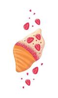 Viral trendy flat croissant with white icing, sublimated strawberries. Falls down, levitates. Hearts. chocolate, dried berries. food illustration, cartoon style. For cafes, flyers, advertising vector