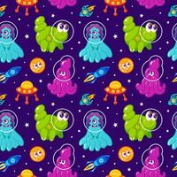 Cute space cartoon monsters. Aliens. Bright multi-colored rockets in space. Neon colors, Y2k, Flight among planets and stars. Shuttle, UFO, future. Hand drawn childish Seamless pattern. vector