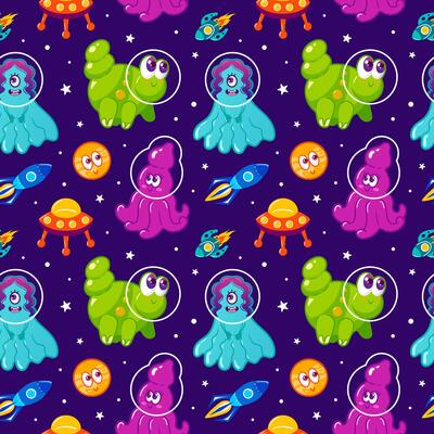 Cute space cartoon monsters. Aliens. Bright multi-colored rockets in space. Neon colors, Y2k, Flight among planets and stars. Shuttle, UFO, future. Hand drawn childish Seamless pattern.