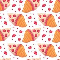 Viral trendy flat croissant with white icing, sublimated strawberries. Hearts. chocolate, dried berries. food illustration, Seamless pattern. For wallpaper, fabric, wrapping, background. vector