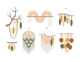 macramé paneles colocar, boho hecho a mano. aficiones, intereses. interior diseño, decoración. bienestar, meditación. ilustración en plano estilo. cordón, nudos plumas desde hilos, mándala, ciervo cornamenta. vector