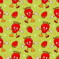 Hello summer. Cool strawberry, a cute retro cartoon character. Groovy, vintage. Trendy old style. Seamless pattern for wallpaper, fabric, wrapping, background. vector