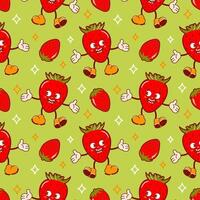 Hello summer. Cool strawberry, a cute retro cartoon character. Groovy, vintage. Trendy old style. Seamless pattern for wallpaper, fabric, wrapping, background. vector