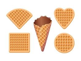 Set of Viennese waffles, chocolate cone. Delicious crispy soft sweets, realistic isolated food illustration. Square, circle, sector and heart. For menu, cafe, stickers, design elements. vector