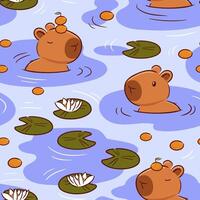 Cute capybara with a tangerine on her head swims in a lotus pond in Asian kawaii style. Cartoon character Funny illustration for wallpaper, fabric, wrapping, background vector