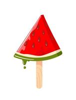 Watermelon ice cream melts and drips. juice fruit ice, popsicle. Frozen dessert. Summer time. Hand drawn cartoon illustration. World watermelon day For stickers, posters, postcards, design elements vector