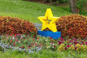 yellow star next to a flowerbed of flowers on green grass photo