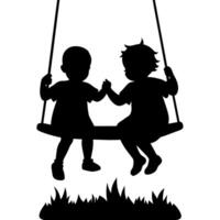 cute siblings on a swing silhouette black color, white background vector