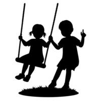 cute siblings on a swing silhouette black color, white background vector