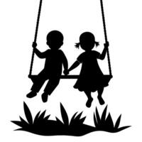 cute siblings on a swing silhouette black color, white background vector