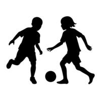 hermanos son jugando con un fútbol pelota silueta, blanco antecedentes vector