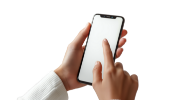hand holding mobile phone with blank screen with transparency background png