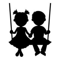 cute siblings on a swing silhouette black color, white background vector