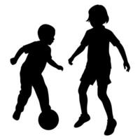 siblings are playing with a soccer ball silhouette, white background vector