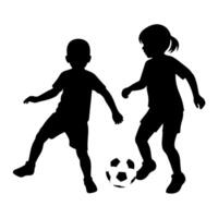 siblings are playing with a soccer ball silhouette, white background vector