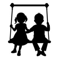 cute siblings on a swing silhouette black color, white background vector