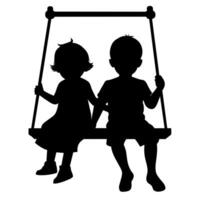 cute siblings on a swing silhouette black color, white background vector