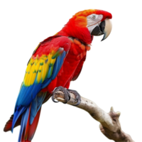 gegenereerd ai een kleurrijk papegaai zittend Aan een Afdeling geïsoleerd Aan transparant achtergrond png