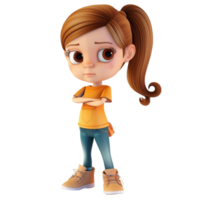 gegenereerd ai tekenfilm meisje met bruin haar- staand met haar armen gekruiste geïsoleerd Aan transparant achtergrond png