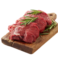 Generated AI raw beef on a wooden cutting board with rosemary sprigs on transparent background png