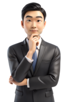 3d style illustration of business man thinking, his hand on his chin in a pensive pose. isolated background png