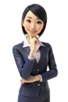 3d style illustration of business women thinking, her hand on her chin in a pensive pose. isolated background png