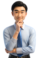 3d style illustration of business man thinking, his hand on his chin in a pensive pose. isolated background png