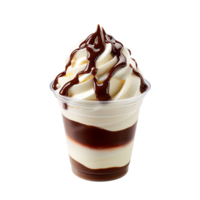 Soft Serve Vanilla Ice Cream with Chocolate Syrup in Clear Cup isolated on transparent background png