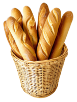 A wicker basket filled with several freshly baked baguettes isolated on transparent background png