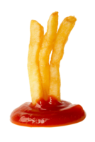 Three golden brown french fries dipped into a dollop of red ketchup isolated on transparent background png