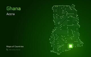 Ghana Map with a capital of Accra Shown in a Microchip Pattern with processor. E-government. World Countries maps. Microchip Series vector