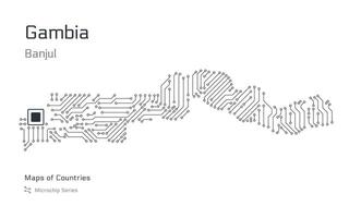 Gambia Map with a capital of Banjul Shown in a Microchip Pattern with processor. E-government. World Countries maps. Microchip Series vector