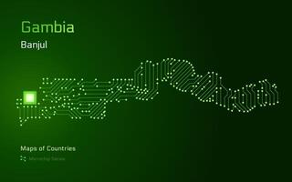 Gambia Map with a capital of Banjul Shown in a Microchip Pattern with processor. E-government. World Countries maps. Microchip Series vector