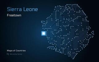 Sierra Leone Map with a capital of Freetown Shown in a Microchip Pattern with processor. E-government. World Countries maps. Microchip Series vector