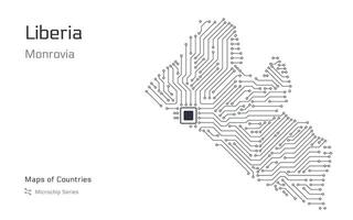 Liberia Map with a capital of Monrovia Shown in a Microchip Pattern with processor. E-government. World Countries maps. Microchip Series vector
