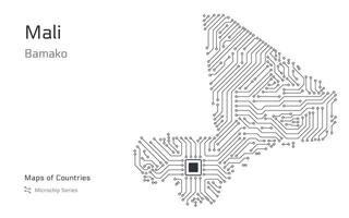 Mali Map with a capital of Bamako Shown in a Microchip Pattern with processor. E-government. World Countries maps. Microchip Series vector