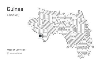 Guinea Map with a capital of Conakry Shown in a Microchip Pattern with processor. E-government. World Countries maps. Microchip Series vector