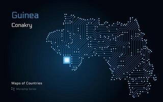 Guinea Map with a capital of Conakry Shown in a Microchip Pattern with processor. E-government. World Countries maps. Microchip Series vector