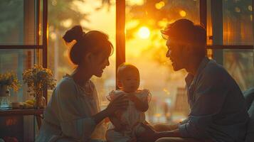 Young beautiful happy family relaxing at home photo