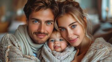 Young beautiful happy family relaxing at home photo