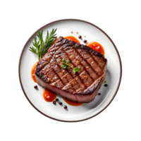 Top view of a juicy steak with pepper, herbs, and sauce on a white plate. Perfect for culinary presentations and gourmet food photography. png