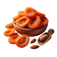 Apricots in a ceramic bowl with a wooden spoon and seeds. Ideal for recipes, culinary projects, and packaging design. png