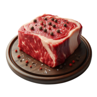 frisch roh rot Fleisch Steak bestreut mit Gewürze auf ein runden hölzern Tafel. oben Sicht. perfekt zum kulinarisch Projekte. png