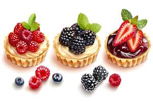 realistic Colorful berry tartlets isolated on white background. Clipping path included photo