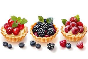 realistic Colorful berry tartlets isolated on white background. Clipping path included photo