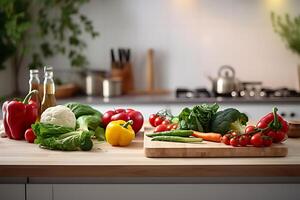 Clean fresh vegetables placed on the kitchen table ready for cooking. Front view of modern kitchen counter with domestic cooking equipment in it photo