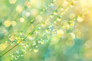 Large water drops of dew with reflecting sun on stem of green grass on light green background with bokeh. Artistic image of beauty and purity of environment photo