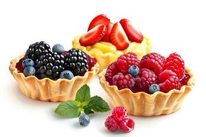 realistic Colorful berry tartlets isolated on white background. Clipping path included photo